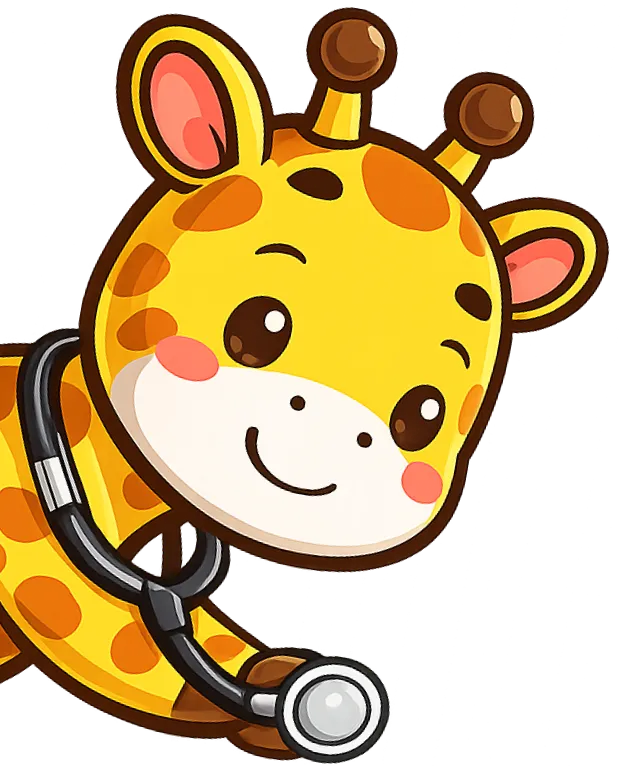Eine freundliche Giraffen-Comicfigur mit Stethoskop als Symbol für die hochwertige Kinderintensivpflege beim Pflegedienst Kremer von Patrick Kremer.