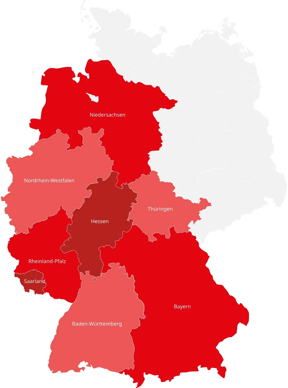 Einsatzgebiet Pflegedienst Kremer Eine Deutschlandkarte zeigt das Einsatzgebiet vom Pflegedienst Kremer mit Fokus auf die ambulante Pflege MKK und den Main-Kinzig-Kreis in Hessen.