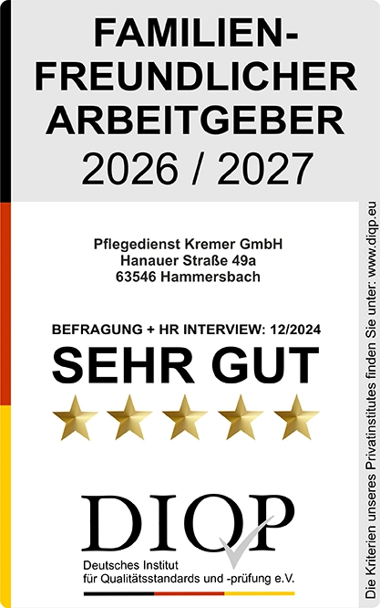 Zertifikat für Pflegedienst Kremer als familienfreundlicher Arbeitgeber 2026/2027 mit fünf Sternen für hochwertige Pflege und exzellente Standards.