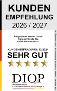 Das DIQP Siegel für Pflegedienst Kremer bestätigt die beste Pflege in Deutschland durch exzellente Ergebnisse in der Kundenbefragung 2024.