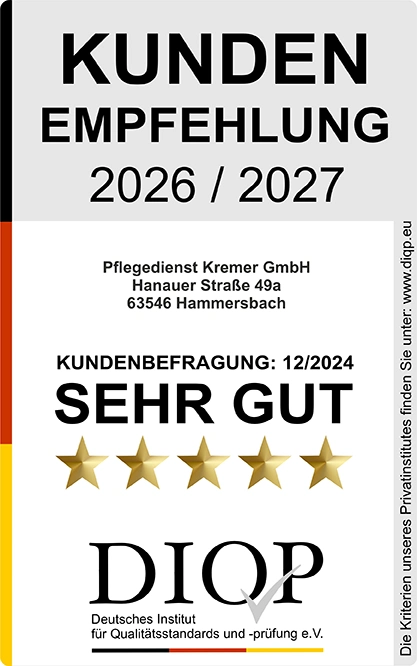 Das DIQP Siegel für Pflegedienst Kremer bestätigt die beste Pflege in Deutschland durch exzellente Ergebnisse in der Kundenbefragung 2024.
