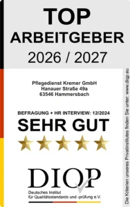 Auszeichnung für Pflegedienst Kremer als Top Arbeitgeber 2026/2027 für hochwertige Pflege durch das Deutsche Institut für Qualitätsstandards.