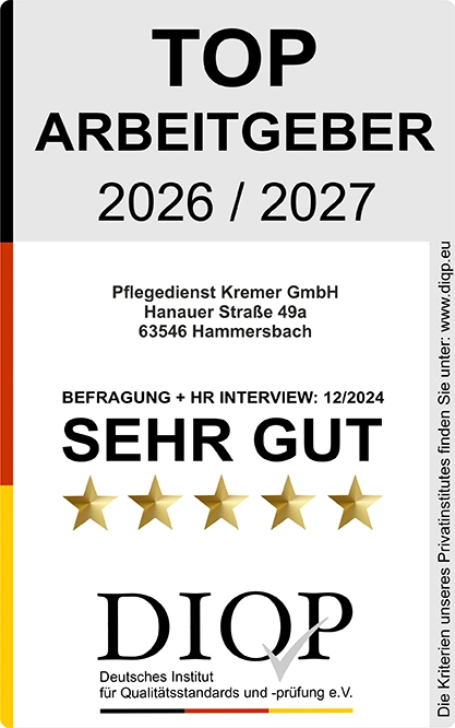Auszeichnung für Pflegedienst Kremer als Top Arbeitgeber 2026/2027 für hochwertige Pflege durch das Deutsche Institut für Qualitätsstandards.