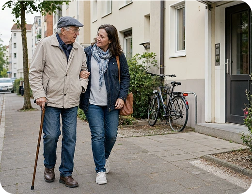 Eine Pflegerin vom Pflegedienst Kremer unterstützt einen älteren Herrn mit Gehstock bei einem Spaziergang für die beste Pflege in Deutschland.