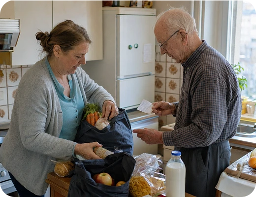 Eine Pflegerin vom Pflegedienst Kremer unterstützt einen älteren Herrn beim Auspacken der Einkäufe für eine hochwertige Pflege im eigenen Zuhause.